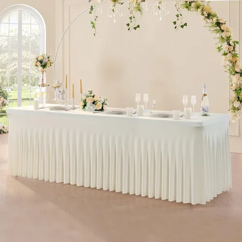Vista 26 de Paquete de 3 Manteles de Spandex Azul Bebé para Mesas Rectangulares de 6 Pies, Falda de Mesa Azul Elástica Ajustada de 6 Pies para Fiestas de Boda