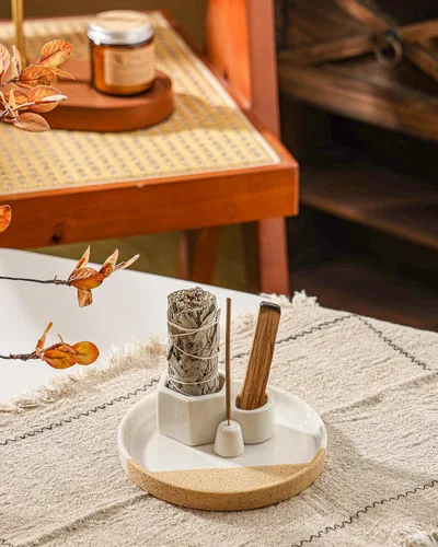 Vista 2 de Soporte de incienso 4 en 1, bandeja de cerámica para manchas de 5.6 pulgadas, soporte de salvia, soporte de Palo Santo, soporte de incienso