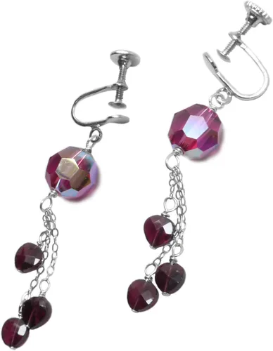 Vista 3 de Garnet Tiny Hearts Fuchsia Crystal Earrings January Birthstone Non Pierced Clip On