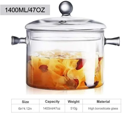 Vista 4 de Olla de cocina de vidrio de 1.4L/47oz, cacerola de vidrio con olla de doble mango