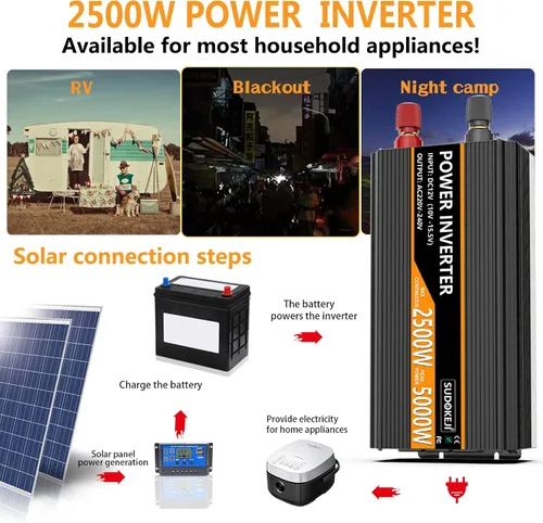 Vista 2 de SUDOKEJI - Inversor de corriente de 2500W, 12V DC a AC 110V/120V (pico) 5000W, convertidor con 3 tomas de corriente para automóvil, inversor