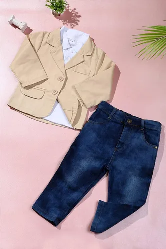 Vista 2 de Conjunto de 3 piezas de camisa de caballero para bebé, conjunto de pantalones vaqueros, ropa para niños pequeños