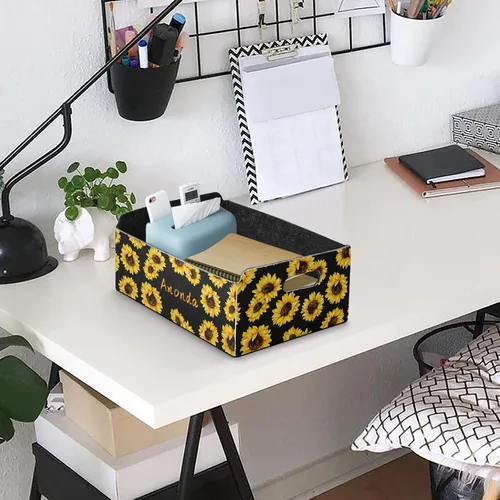 Vista 6 de CaTaKu Cesta de almacenamiento personalizada rectangular con asa, organizador de girasol, cesta con nombre para niñas
