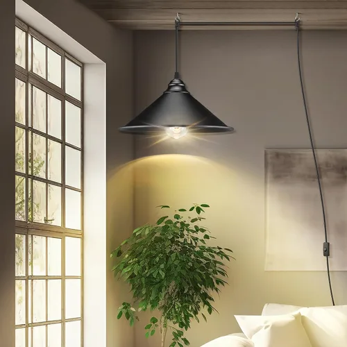 Vista 3 de Luz colgante grande con enchufe negro, luz colgante industrial con cable enchufable Hanging Lamps, Pendant Lamp, Vintage Pendant Light with Plug