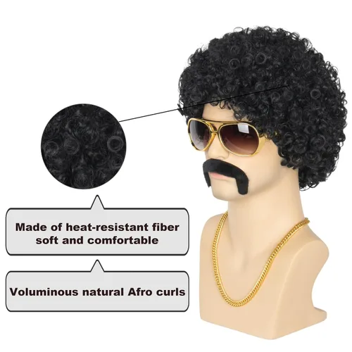Vista 7 de Peluca de discoteca de los años 80 para hombre, peluca negra afro esponjosa con collar, bigote y lentes para cosplay de punk rock, juego de Halloween