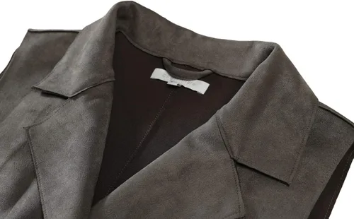Vista 4 de Charis Allure Chaleco largo de gamuza sin mangas para mujer, con solapa y parte delantera abierta