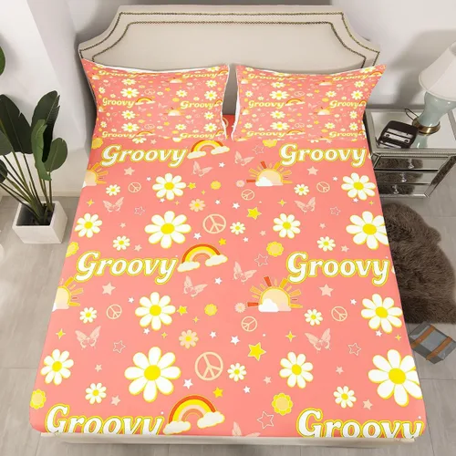 Vista 2 de Erosebridal Groovy - Sábana bajera ajustable de flores, tamaño individual, de los años 70S, 80S, 90S, 90S, vintage, floral, para niñas, mujeres