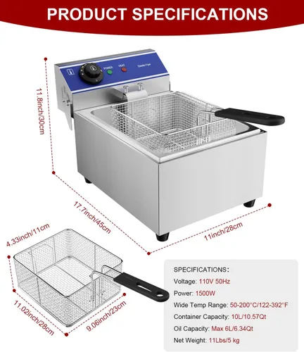 Vista 7 de DULONG Freidora eléctrica comercial, freidora de acero inoxidable para encimera de 10.57/10L con canasta, control de temperatura de 1500 W, freidora