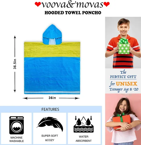 Vista 5 de VOOVA & MOVAS Toallas de playa con capucha (8-16 años), poncho de toalla de piscina con capucha de algodón grueso y absorbente, versátil