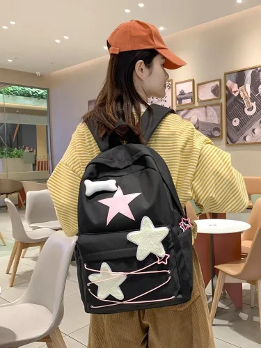 Vista 2 de Linda mochila Y2K de uso diario, estilo kawaii estético, Harajuku, duradera, bolsa de hombro, mochila de viaje para senderismo, Negro -, Mochilas
