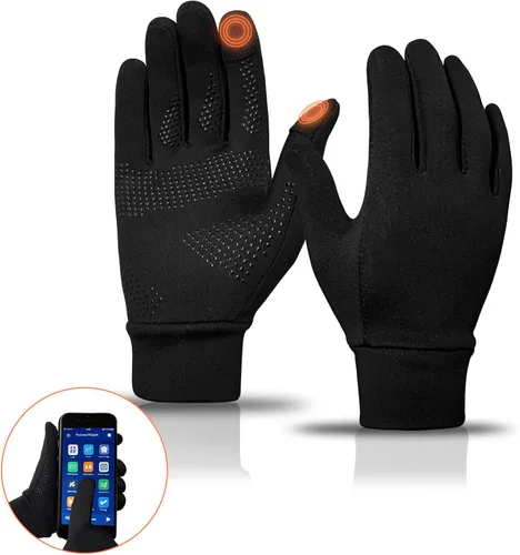 Vista 2 de Guantes de invierno para correr para hombres y mujeres, forro térmico para clima frío, guantes térmicos cálidos negros para pantalla táctil, guantes