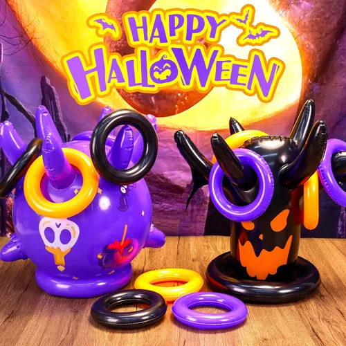 Vista 7 de Juego de lanzamiento de anillos de Halloween, inflable, espeluznante, juego de lanzamiento de brujas para niños, suministros de fiesta de Halloween