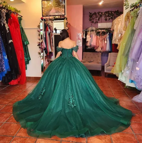 Vista 2 de Mauuwy Vestidos florales de quinceañera, vestido de baile hinchado de tul dorado con encaje dulce 16 vestidos de fiesta con hombros descubiertos
