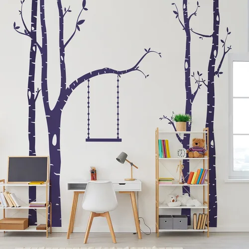 Vista 9 de Calcomanías de pared de árbol grande, arte de pared de bosque de abedul, despegar y pegar, calcomanías de pared para guardería, dormitorio, sala