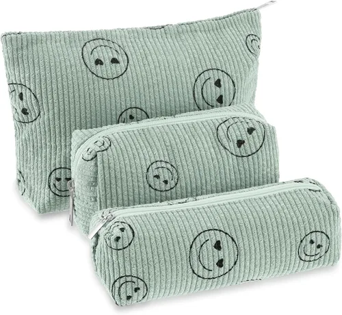 Vista 12 de Huhumy Juego de 3 bolsas de maquillaje para mujeres, bolsa cosmética de pana con sonrisa estética, bolsa de viaje para artículos de tocador, linda