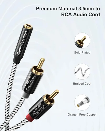 Vista 2 de CableCreation - Cable de audio estéreo de 0.138 in a 2RCA, RCA a divisor FM Y de 0.138 in