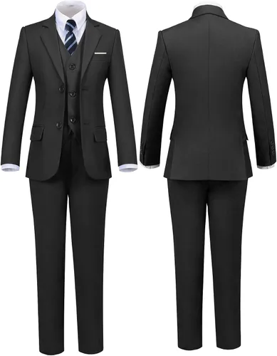 Vista 2 de Trajes negros para niños, traje ajustado formal para niños pequeños, 7 piezas, chaleco, pantalones de vestir, blazer, traje de portador de anillo