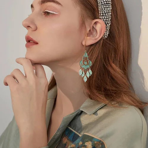 Vista 3 de Pendientes colgantes únicos de estilo bohemio vintage con diseño de lágrima de bronce para mujer