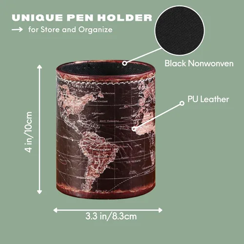 Vista 4 de PH46 - Portalápices de mapa del mundo negro para escritorio, taza de lápiz de piel sintética, soporte para bolígrafo de globo para escritorio