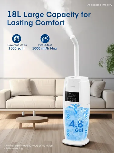 Vista 2 de FOHERE Humidificador de 4.8 galones/18 litros para habitación grande, fácil llenado superior, torre de niebla fría, silenciosos para el hogar