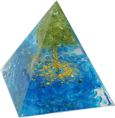 Vista 3 de Pirámide de orgón grande, árbol de la vida, cristales curativos de peridoto y cianita, pirámides de orgonita hechas a mano para meditación