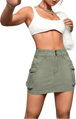 Vista 5 de WDIRARA Minifalda de mezclilla tipo cargo con botones y cintura baja para mujer con bolsillo