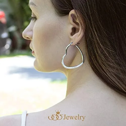 Vista 3 de 555Jewelry Aretes de aro de acero inoxidable con forma de corazón para mujer, Metal, Circonia cúbica