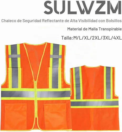 Vista 2 de Chaleco de seguridad reflectante de alta visibilidad con cremallera y bolsillos O/Y, Naranja