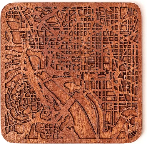 Vista 75 de Posavasos Amsterdam Map by O3 Design Studio, 1 pieza, posavasos de madera Sapele con mapa de la ciudad, hecho a mano, varias ciudades opcionales