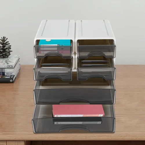 Vista 2 de Caja de almacenamiento apilable de oficina con cajones, caja de almacenamiento de escritorio de oficina con 6 cajones, organizador de cajones