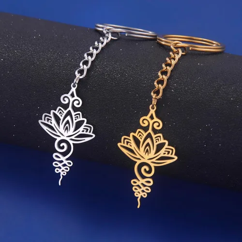 Vista 4 de TEAMER Lotus Keychain Stainless Steel Hollow Lotus Geometric Keyring Simple Jewelry for Women Girls