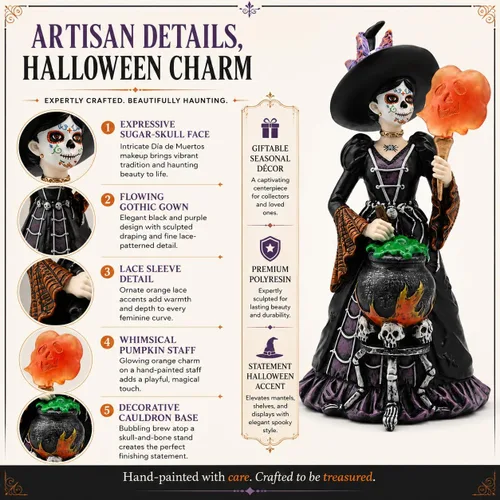 Vista 9 de Comfy Hour Figura de bruja del Día de los Muertos de 8 pulgadas, decoración Cocinar bruja