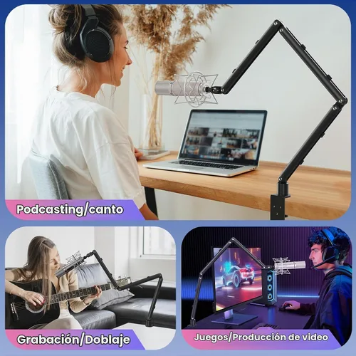 Vista 7 de Brazo de micrófono ajustable para micrófonos ligeros, soporte de escritorio giratorio de 30 pulgadas con gestión de cables y hilos de 3/8 pulgadas