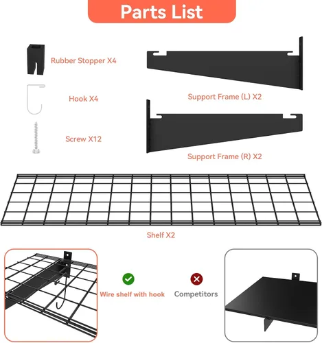 Vista 7 de TORACK Paquete de 2 Estantes de Pared para Garaje, Estantes de Alambre Montados en la Pared de 15" x 45" para Garaje de Servicio Pesado, Estantería