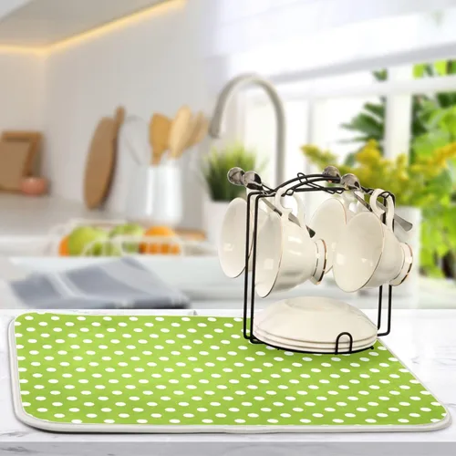 Vista 5 de Tapete de secado de platos verde para cocina, tapete de secado de microfibra verde menta con lunares blancos, tapete de secado de microfibra