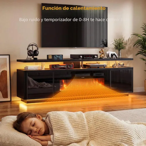 Vista 5 de oneinmil Soporte de TV con chimenea blanca de 70 pulgadas para sala de estar, centro de entretenimiento con chimenea eléctrica con luces LED dobles