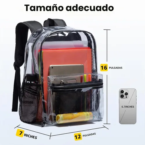 Vista 2 de Vorspack Mochila transparente para escuela, bolsa transparente resistente Negro