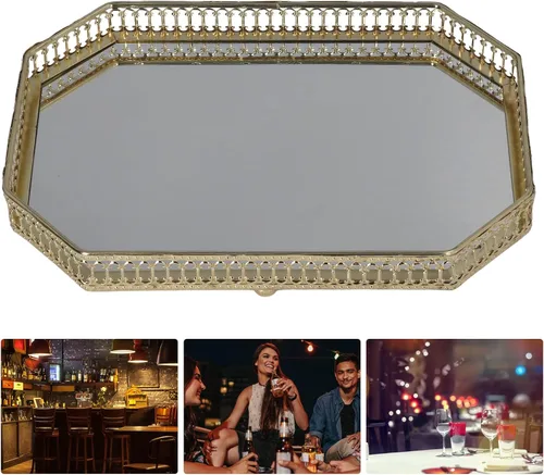 Vista 4 de Bandeja de espejo para mesa de té, plato decorativo grande, plato de fruta, bandeja de hierro dorado retro