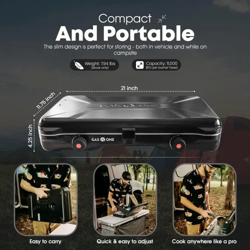 Vista 2 de GasOne - Estufa portátil de campamento – Estufa de propano doble con encendido automático de giro – 22,000 BTU con 2 quemadores y protector contra