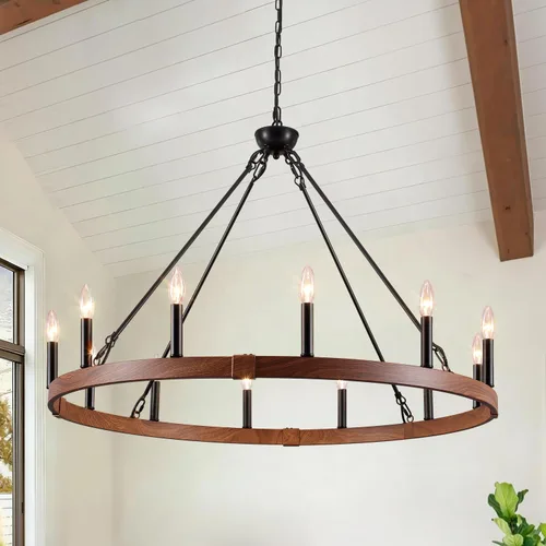 Vista 13 de Lámpara de araña de madera de granja de 19.49 pulgadas, lámpara rústica de comedor de 4 luces, lámpara de araña de altura ajustable, iluminación