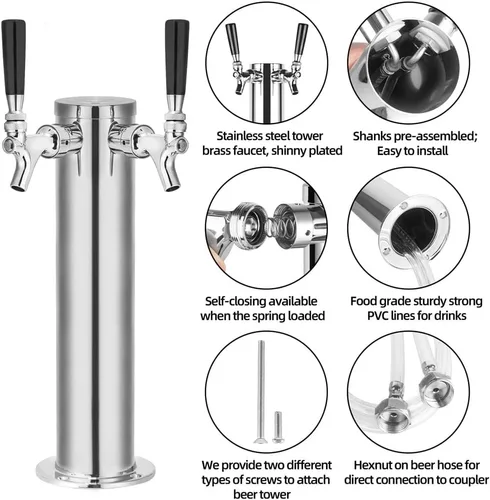 Vista 4 de TMCRAFT Dispensador de torre de cerveza de barril de doble grifo, kit dispensador de torre de cerveza de acero inoxidable pulido con tubo premontado