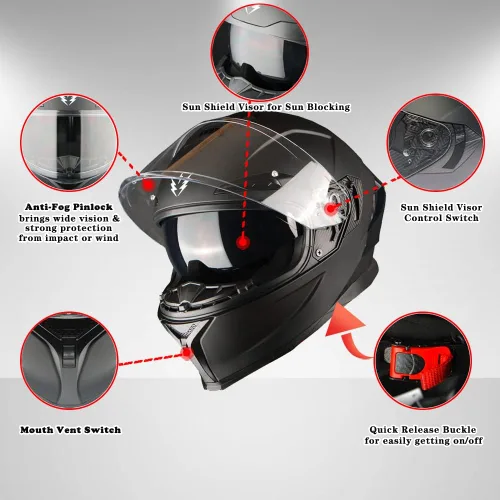 Vista 3 de 1Storm Casco Integral para Motocicleta DOT para Adultos, Motocicleta de Calle, Doble Visera, Protector Solar Interior con un Escudo Transparente Un