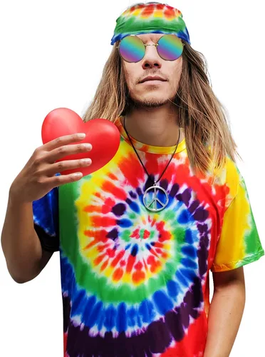 Vista 2 de Disfraz hippie para hombres y mujeres, camiseta colorida de los años 60 y 70, gafas de sol, diadema, collar de la paz, fiesta temática de 4 piezas