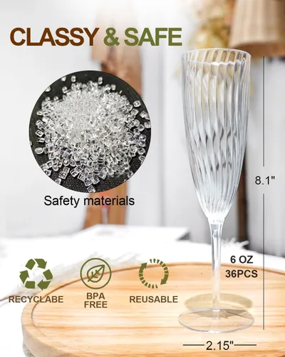 Vista 4 de Copas de Champán de Plástico, 36 PCS Copas de Vino Desechables Transparentes Vasos de Cóctel de Plástico Reutilizables para el Hogar Vida Diaria