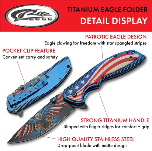 Vista 2 de SZCO 300583 - Cuchillo plegable EDC con mango de titanio American Eagle de 8.25 pulgadas con clip de bolsillo, rojo, blanco y azul