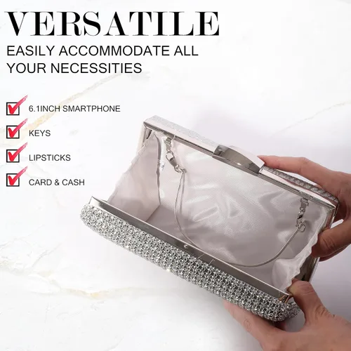 Vista 5 de Bolso de mano de cristal plateado para mujer, bolso de noche con purpurina para boda, cena, fiesta, baile de graduación, cóctel