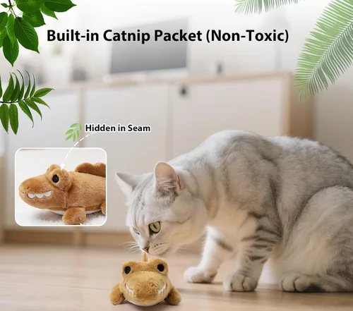 Vista 5 de Juguetes interactivos para gatos de interior – Caimán de movimiento automático con movimiento aleatorio de 360° y meneo de cola, juguete