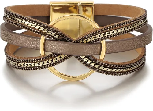 Vista 21 de Edoneery - Pulsera envolvente de cuero para mujer, brazalete de puño de múltiples capas hecho a mano estilo bohemio con cuentas de cristal