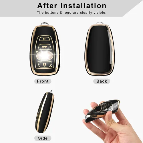 Vista 2 de QBUC Funda para llavero Subaru con llavero de cuero genuino para Subaru Forester CrossTrek Ascent Outback Legacy WRX, etc. (negro)