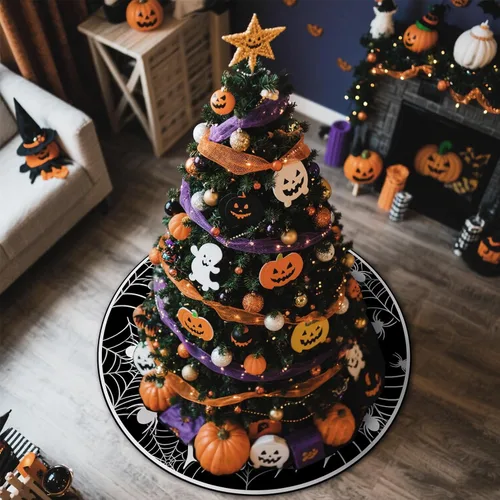Vista 7 de Falda de árbol de Navidad de telaraña de Halloween, 36 pulgadas, con cordones, para truco o trato, falda de árbol negro, divertida fiesta